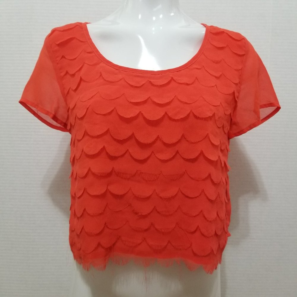 Mind Code top Medium semi sheer tiered scalloped raw edges keyhole